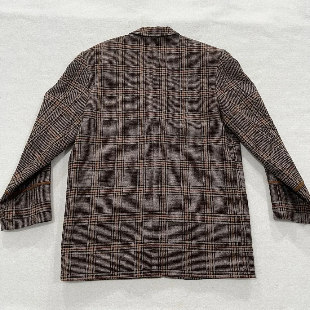 Wool Plaid Blazer Harve Bernard  With Suede Leather Trim Womens Size 12 Vintage